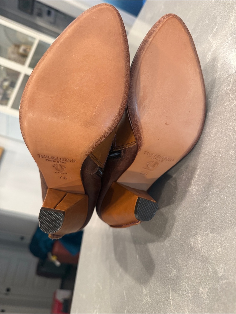 True Religion Two-Tone Brown & Tan Leather Heeled Ankle Boots - Picture 4 of 6